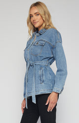 Button Up Denim Jacket with Belt and Pocket