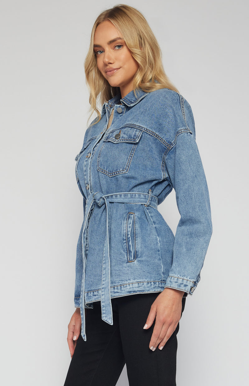 Button Up Denim Jacket with Belt and Pocket