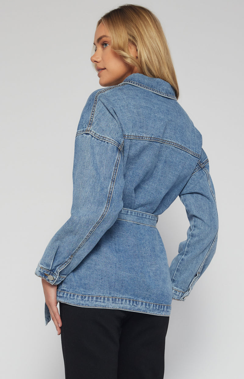 Button Up Denim Jacket with Belt and Pocket