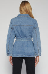 Button Up Denim Jacket with Belt and Pocket