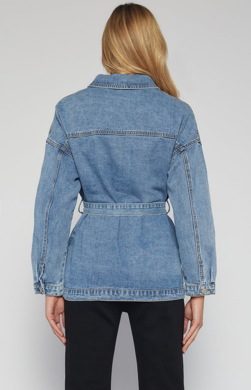 Button Up Denim Jacket with Belt and Pocket