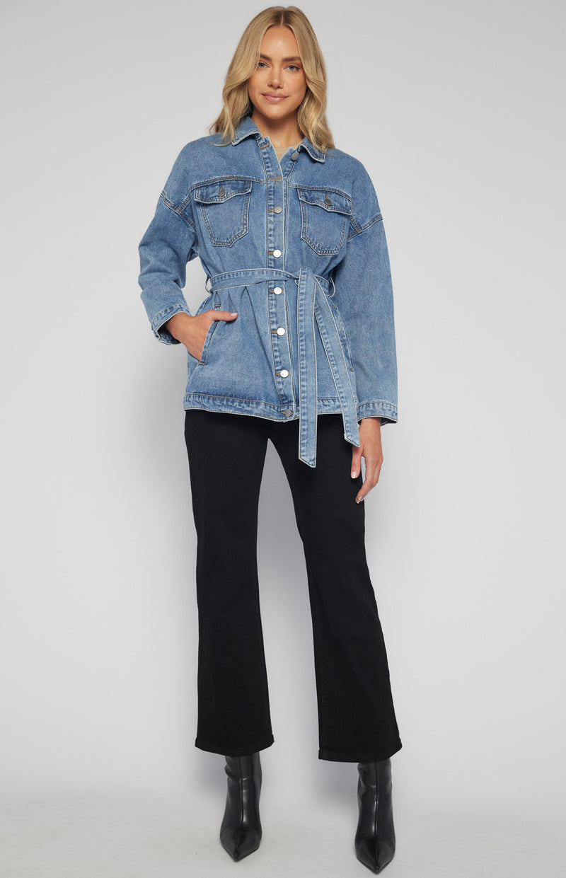 Button Up Denim Jacket with Belt and Pocket