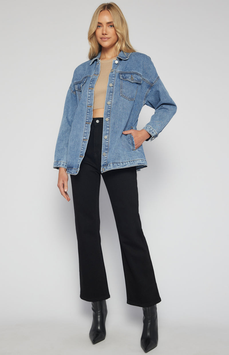 Button Up Denim Jacket with Belt and Pocket