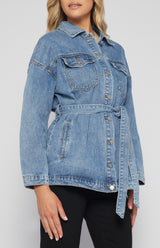Button Up Denim Jacket with Belt and Pocket