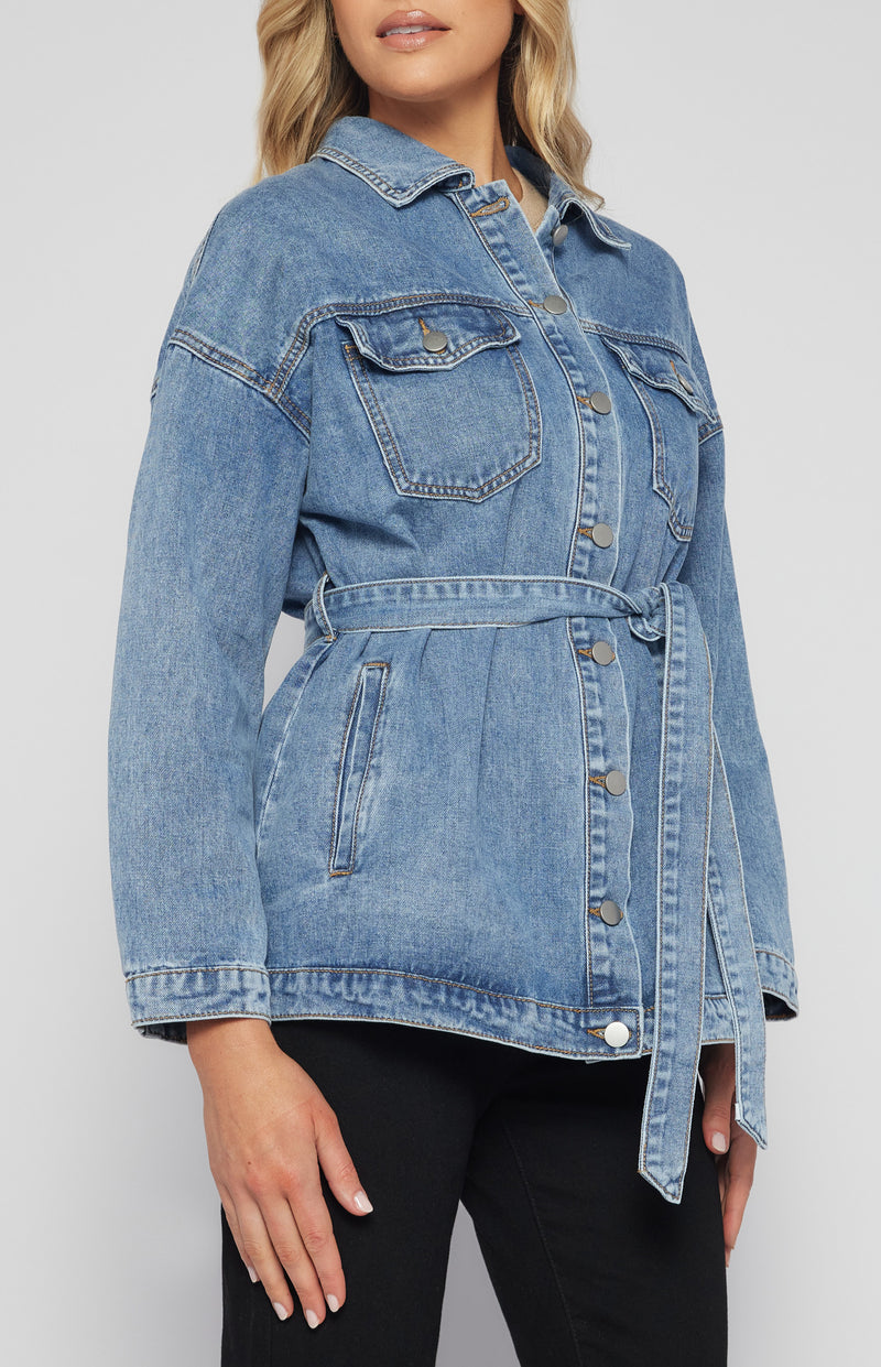 Button Up Denim Jacket with Belt and Pocket