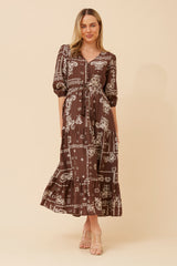Kylie 3/4 Sleeve Bandana print tiered dress with drawstring waist