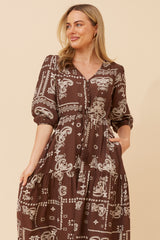 Kylie 3/4 Sleeve Bandana print tiered dress with drawstring waist