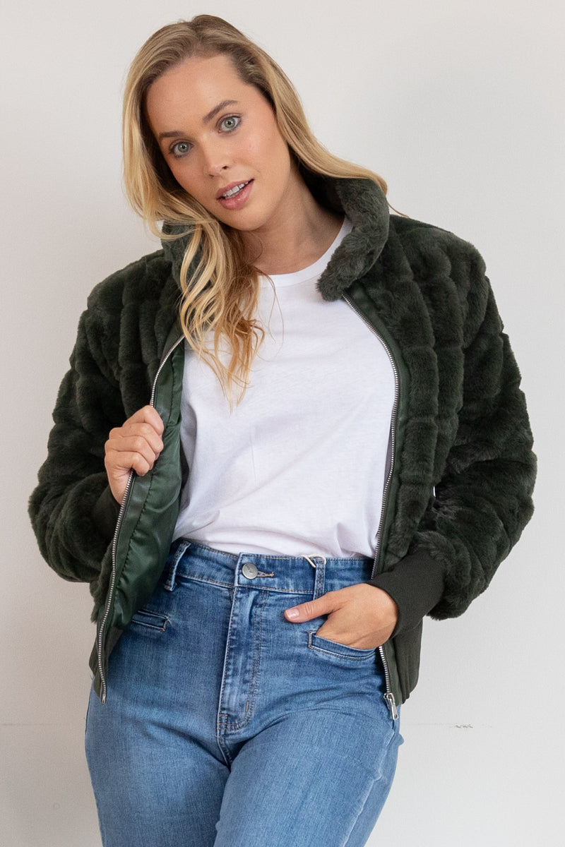 Jordyn Faux Fur Bomber Jacket - Khaki