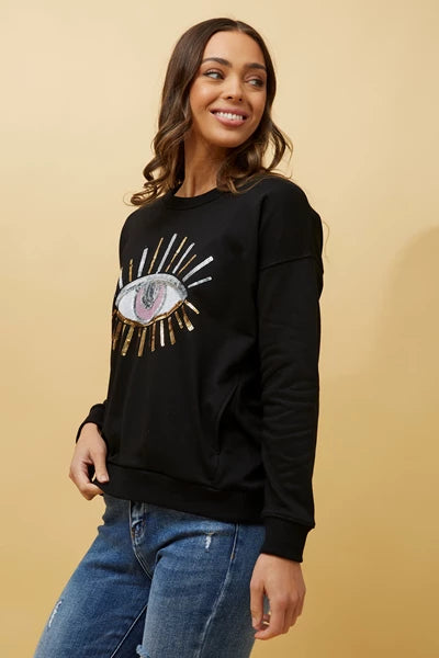 LUXE SEQUIN EVIL EYE SWEAT SHIRT- black