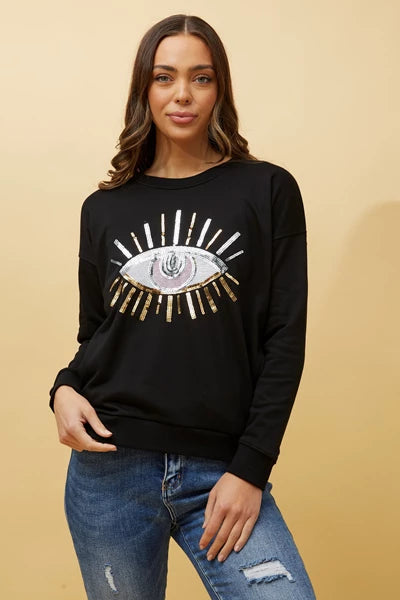 LUXE SEQUIN EVIL EYE SWEAT SHIRT- black